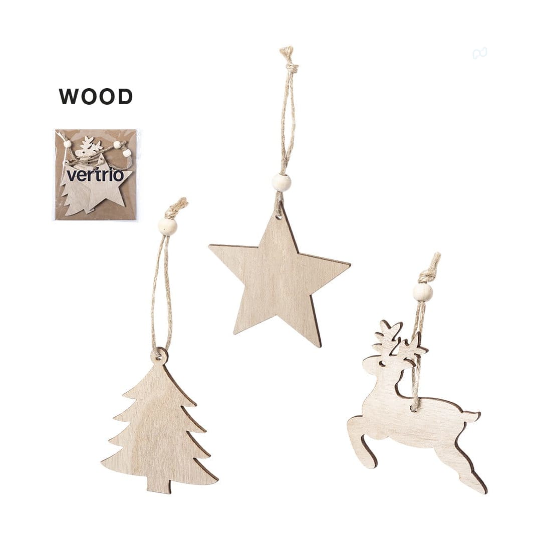Wooden Christmas decorations featuring a tree, star, and reindeer, all with twine for hanging. Includes a packaged set. Tilmex Christmas Decoration Set - Image 1