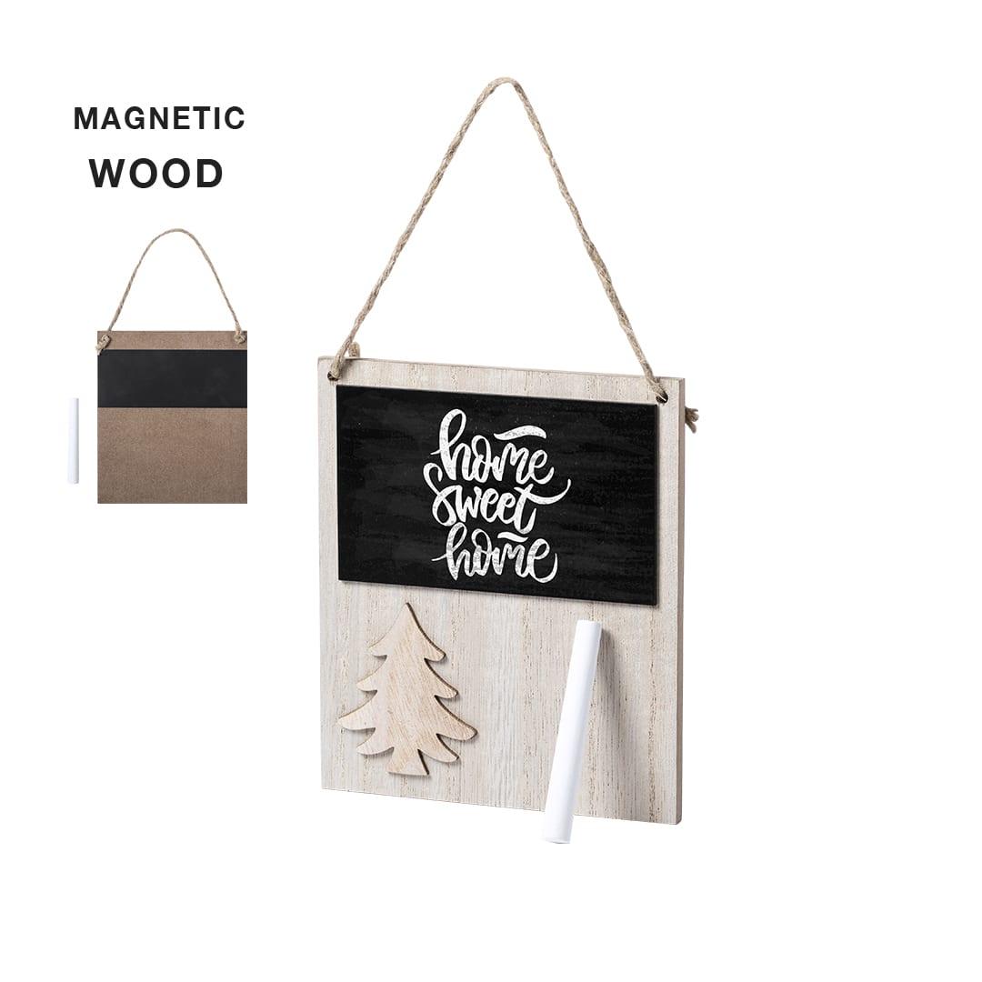 A wooden magnetic wall decoration featuring a black chalkboard and a white tree cutout. Includes a white pen for writing. Carrigan Christmas Decoration - Image 1