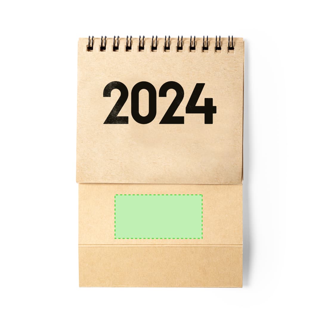 A desk calendar featuring a spiral binding, in brown with large black numbers for the year 2024 and a blank green section. Lasow Desktop Calendar - Image 1