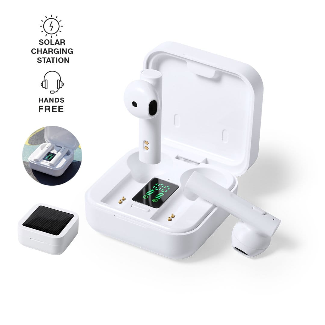 White wireless earphones in a charging case with a solar charging station, displaying a digital battery indicator. Vinzer Earphones - Image 1