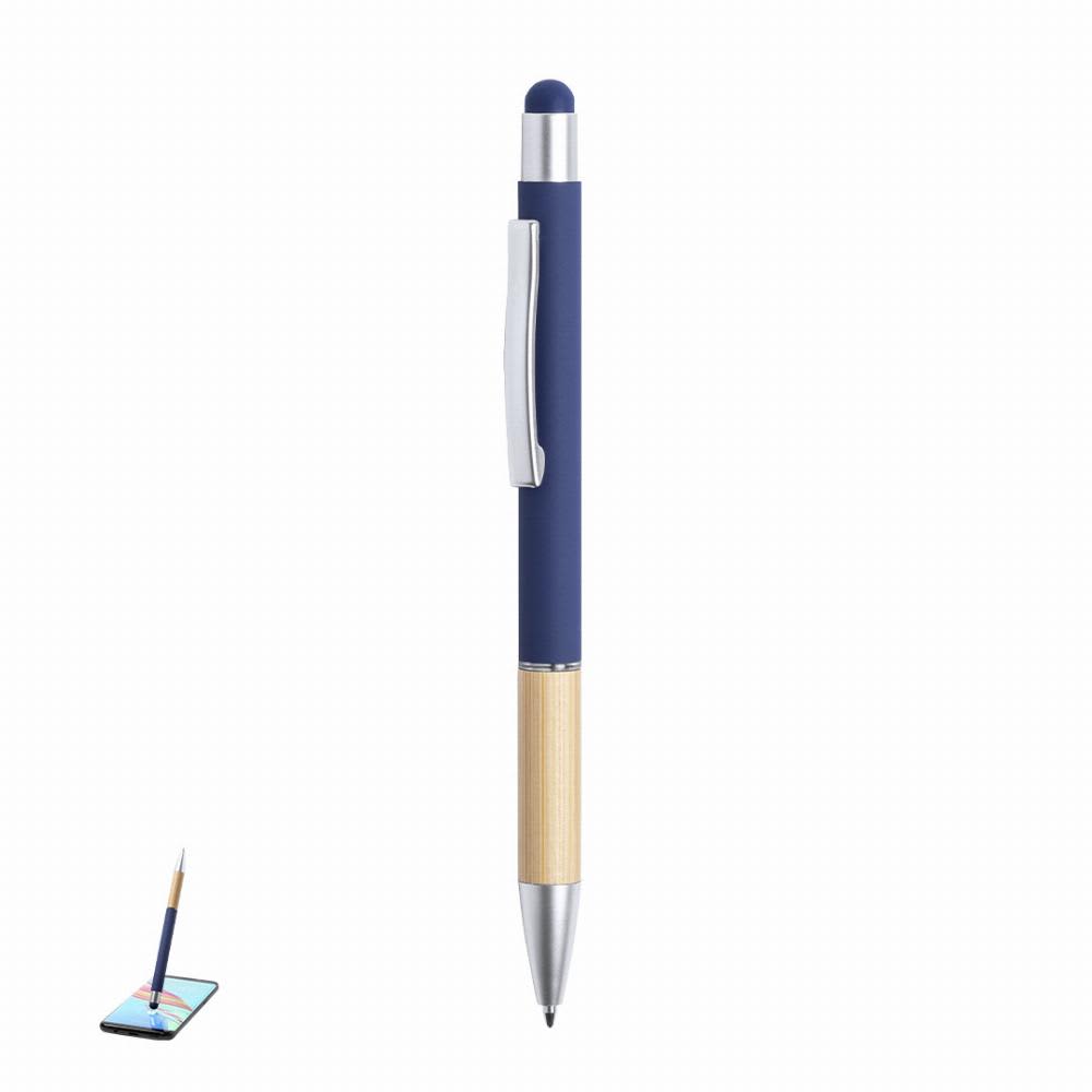 A navy blue and wooden pen with a silver clip and a stylus tip at the top. It has a logo on the side. Zabox - Image 1