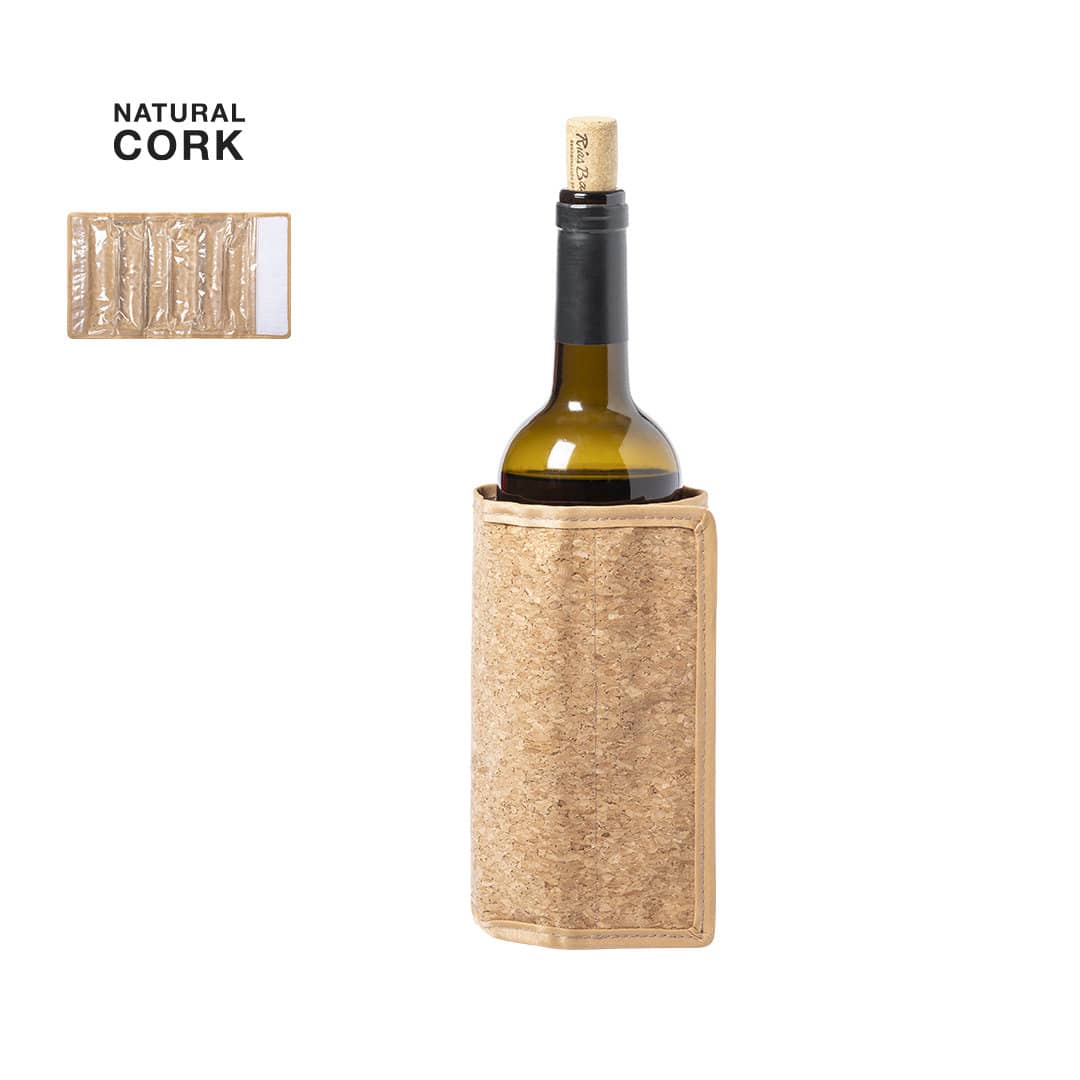 A drink bottle is encased in a natural cork cooler, designed to keep beverages chilled. It features a branding logo. Vipal Bottle Cooler - Image 1