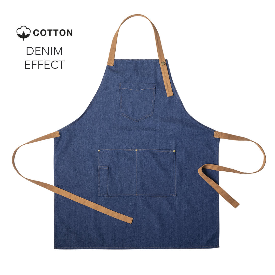 A denim effect apron in blue with tan straps and pockets, featuring a logo. Rober Apron - Image 1