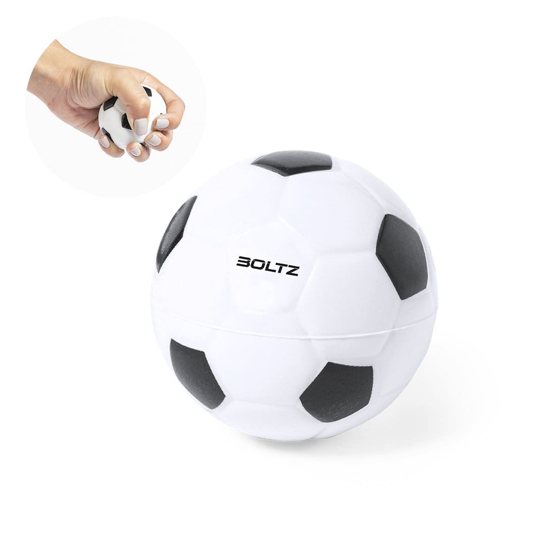 A white and black soccer ball-shaped stress ball with a hand squeezing it, featuring a logo. Chaiss Antistress Ball - Image 1