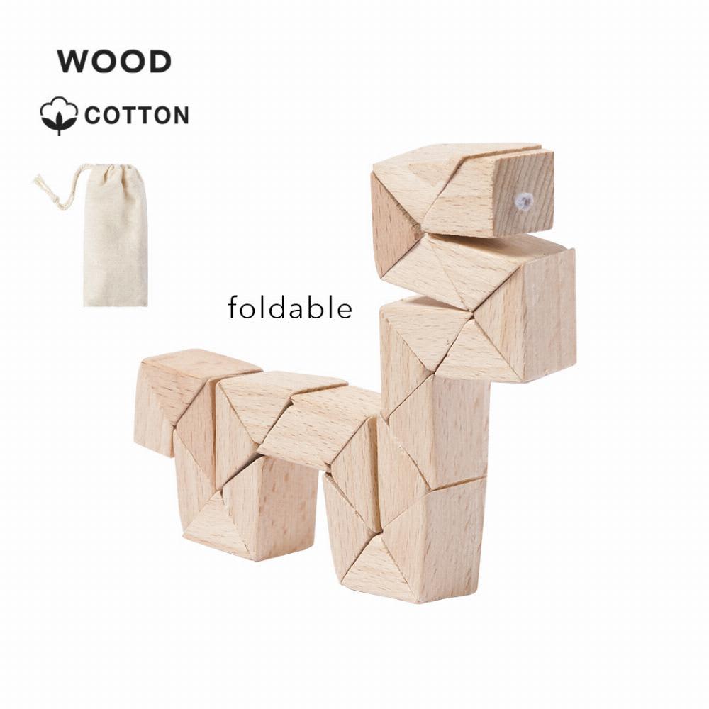 A set of wooden foldable blocks in light wood colour, arranged to form a snake-like shape, with a cotton storage bag. Gary - Image 1