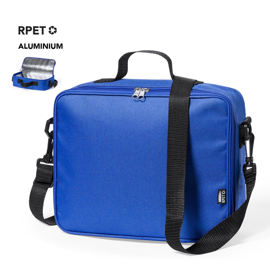 A blue cooler bag with a shoulder strap, featuring a zip closure and an inner aluminium lining. It has a logo on the front. Aitanax Cool Bag - Image 1