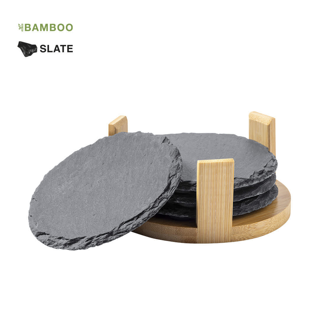 A set of slate coasters displayed on a bamboo holder, featuring round, grey slate coasters. Seitol Coaster Set - Image 1