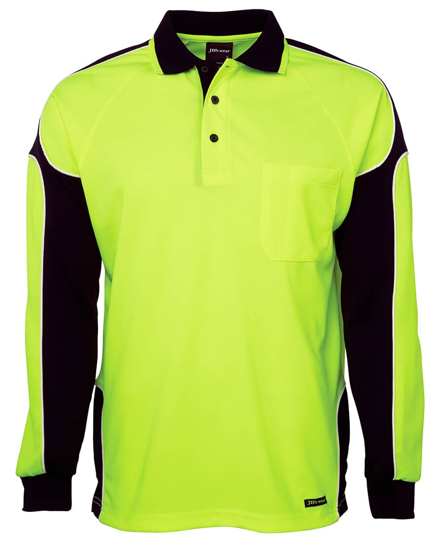A long-sleeve polo shirt in high visibility yellow and black, featuring a chest pocket and contrasting panel design. JB's Hv 4602.1 L/S Arm Panel Polo - Image 1