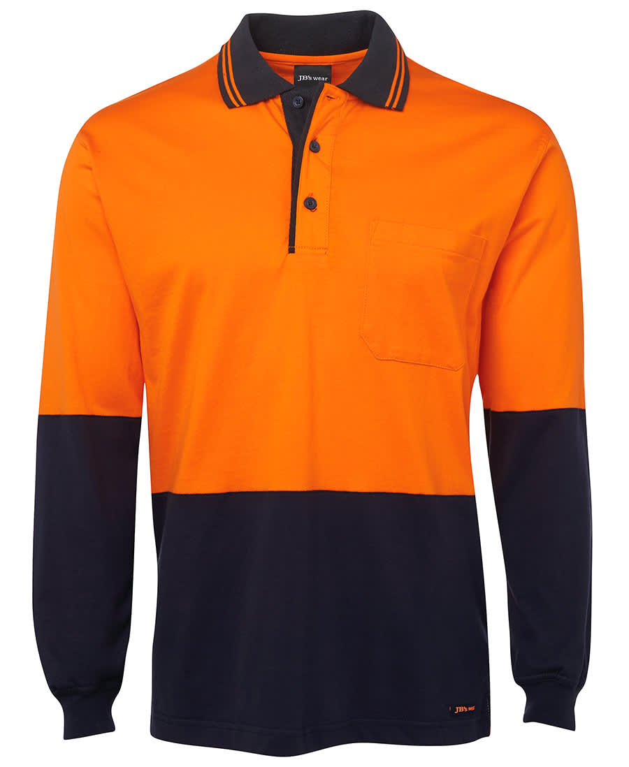 A long-sleeved cotton polo shirt featuring orange and navy panels, with a collar and a chest pocket, plus branding. JB's Hv L/S Cotton Polo - Image 1