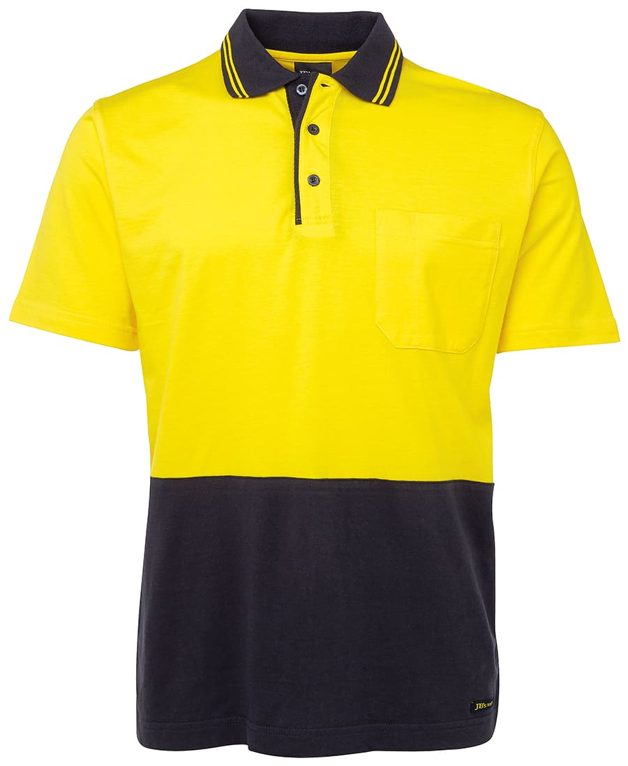 A yellow and navy polo shirt with a pocket and a logo, featuring a collared neckline and contrasting stripes. JB's Hv S/S Cotton Polo - Image 1