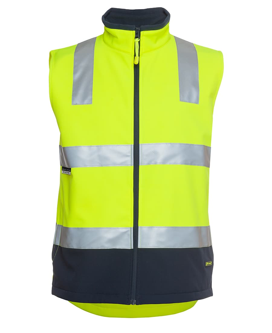 High-visibility softshell vest in bright yellow with reflective silver stripes and a navy blue base. Features a zipper and logo. JB's Hv 4602.1 (D+N) Softshell Vest - Image 1