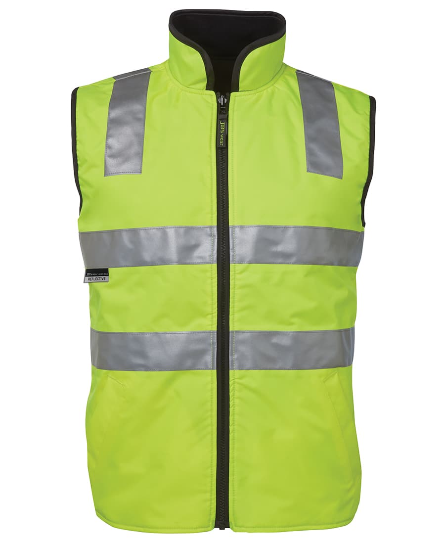 High-visibility yellow reflective vest with silver stripes and a zip front, featuring a logo on the side. JB's Hv 4602.1 (D+N) Rev Vest - Image 1
