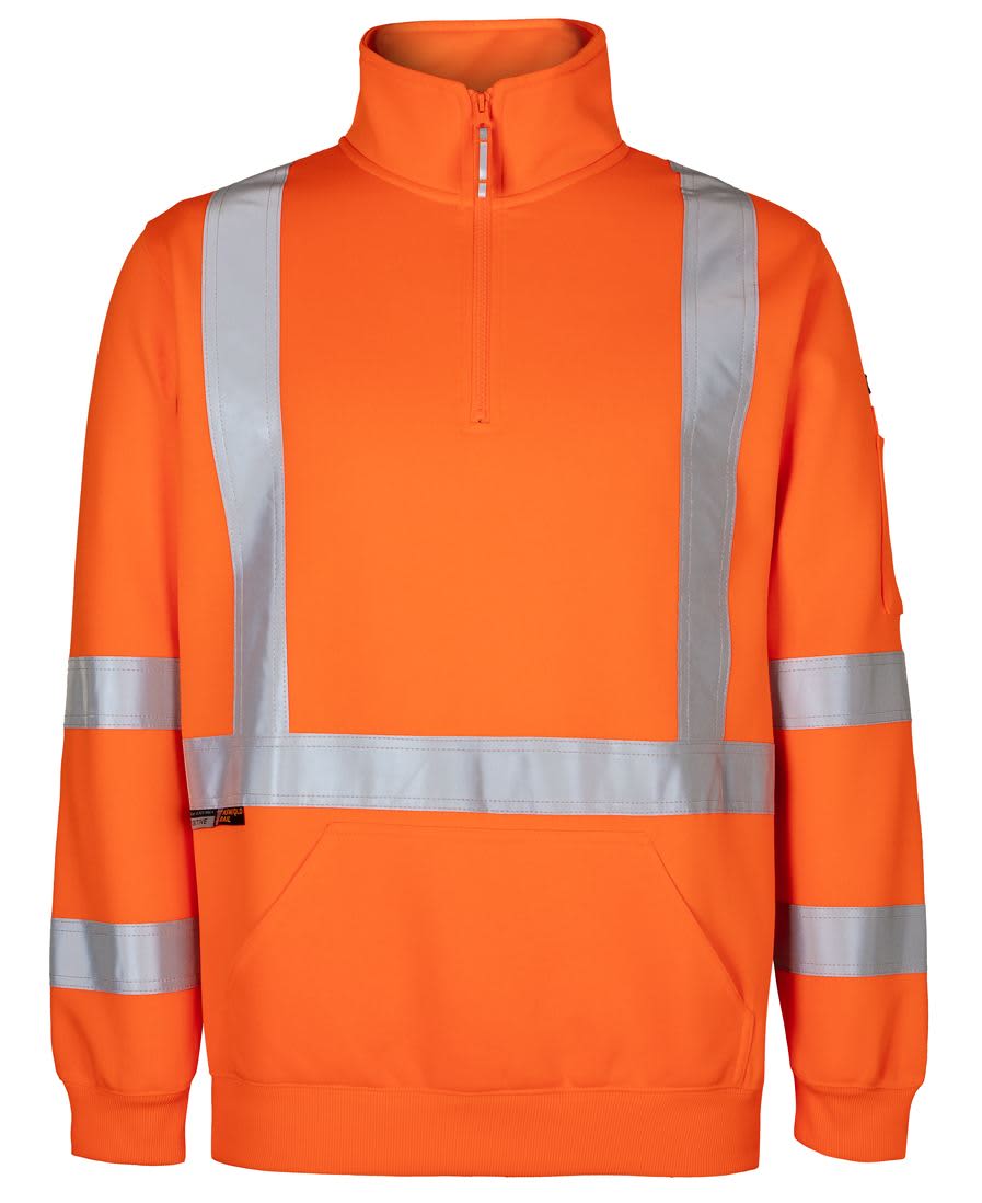 High-visibility orange fleece jumper featuring reflective stripes, designed for safety wear. Includes a zip collar and a pocket. JB's Nsw/Qld Rail (D+N) Xback 1/2 Zip Fleece - Image 1