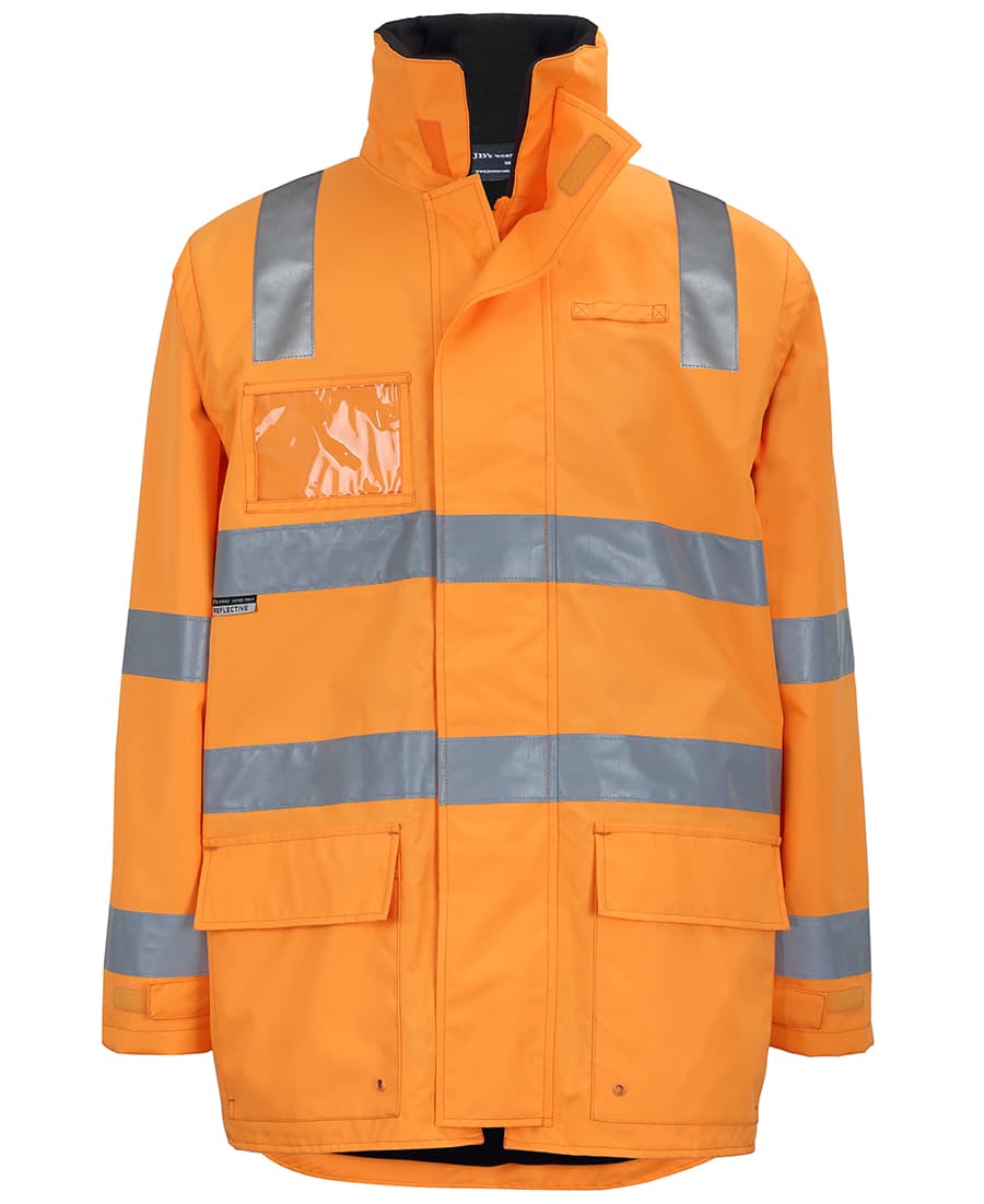 An orange work jacket with reflective stripes and a front pocket, featuring a logo. Zipper and zip-off sleeves included. JB's Aust. Rail D+N Zip Off Sleeve L/Line Jacket - Image 1