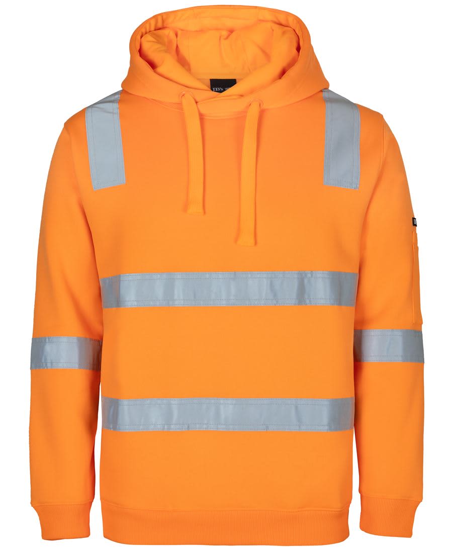 An orange hoodie with reflective silver stripes, featuring a hood and a logo on one sleeve. JB's Vic Rail (D+N) Hoodie - Image 1