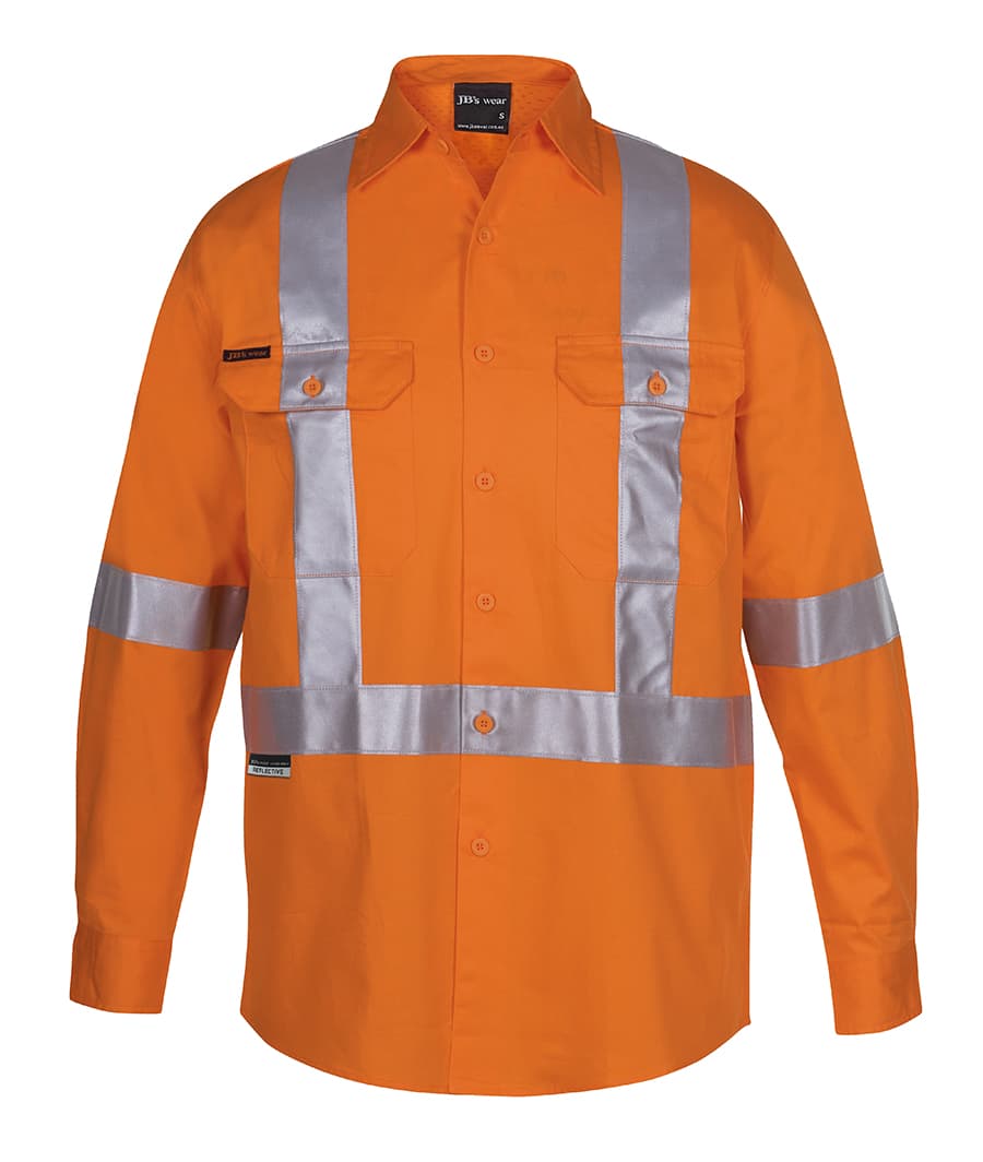An orange long-sleeve safety shirt with reflective tape, featuring two chest pockets and a logo. JB's Hv (D+N) L/S 150 G Cross Back Tape Shirt - Image 1