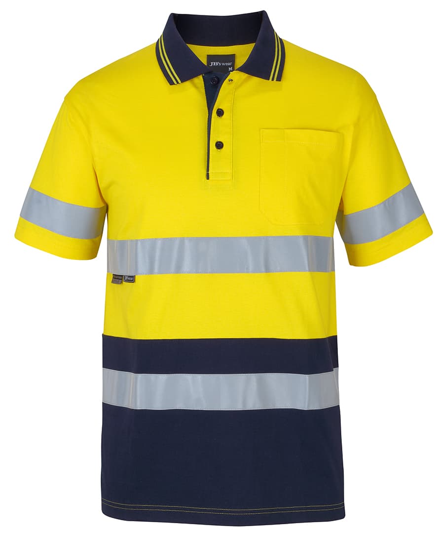 A short-sleeved cotton polo shirt in high-visibility yellow with navy stripes and reflective bands. It features a chest pocket and a logo. JB's Hv (D+N) S/S Cotton Polo - Image 1