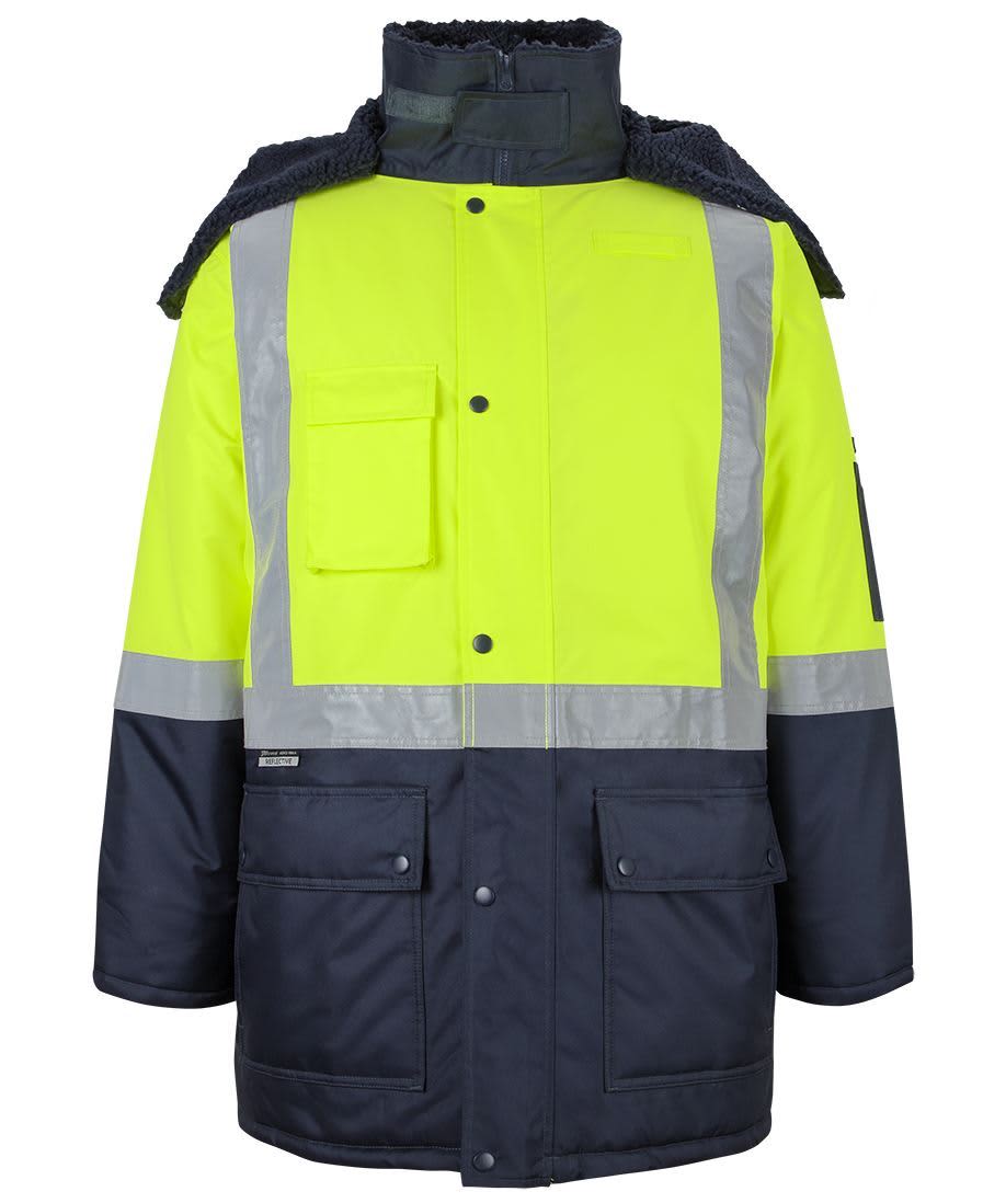 A lime and navy freezer jacket featuring reflective strips and a hood, with a logo on the sleeve. JB's Hv (D+N) Freezer Jacket - Image 1