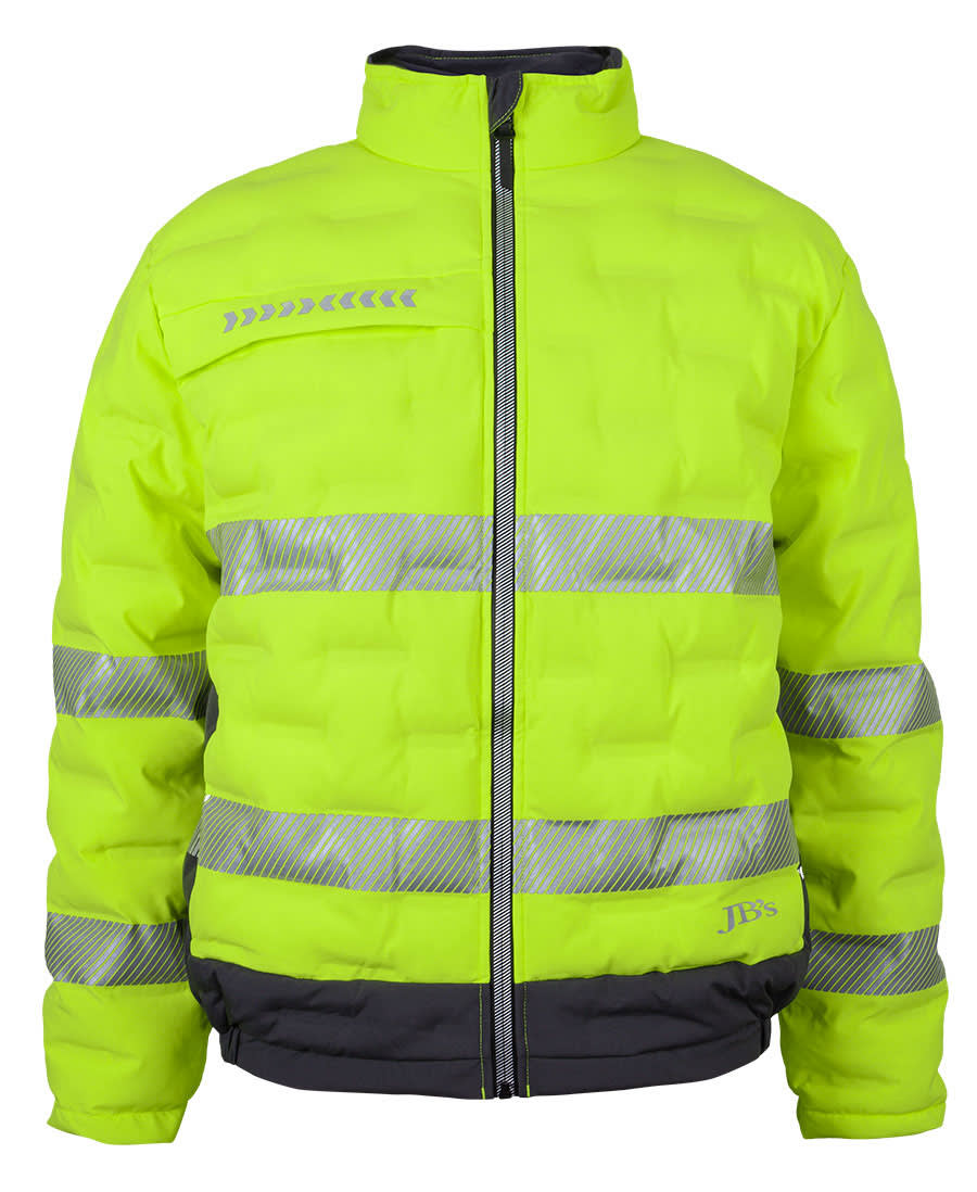 A bright yellow puffer jacket with reflective strips and a black hem, featuring a logo. JB's Hv (D+N) Graphene Puffer Jacket - Image 1