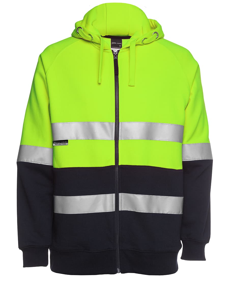 A high-visibility hoodie in fluorescent yellow and black, featuring reflective stripes and a hood, with a logo. JB's Hv (D+N) Full Zip Fleecy Hoodie - Image 1