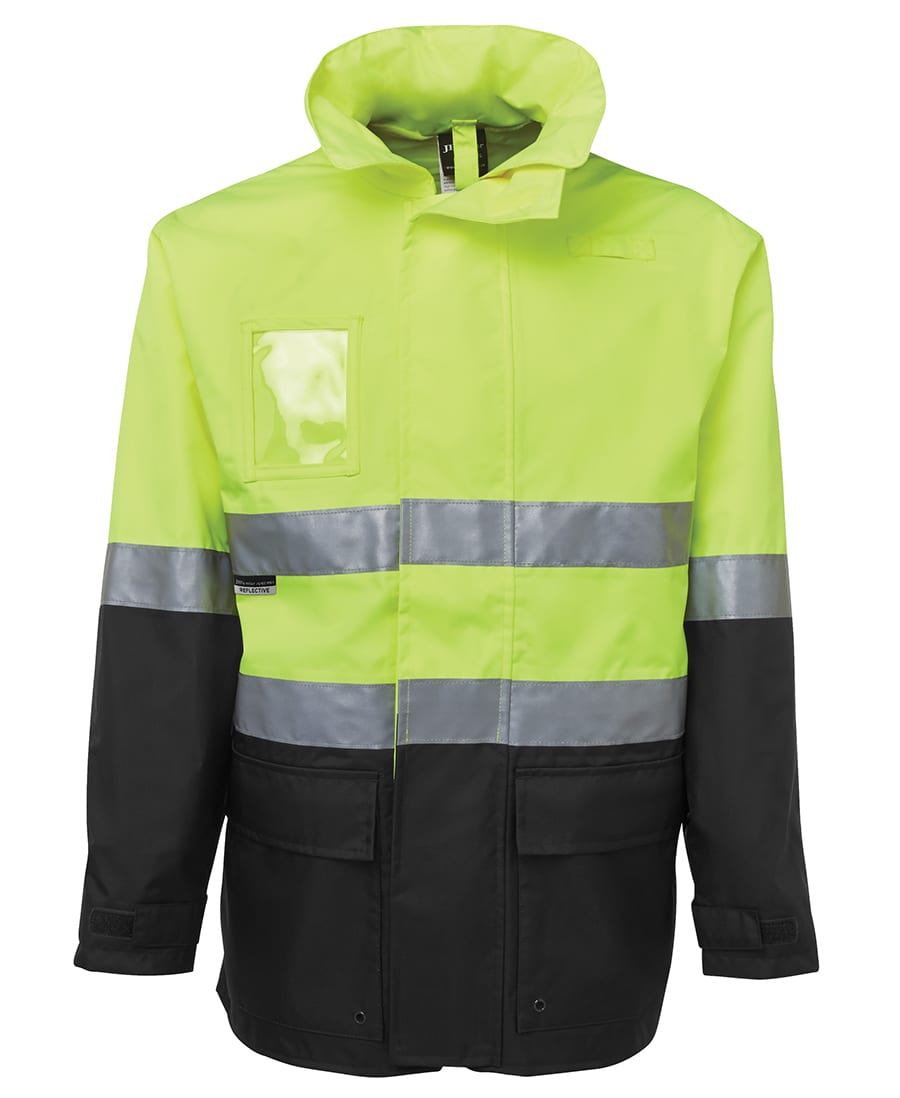 A high-visibility jacket in bright yellow and black with reflective stripes and a pocket. Features a hood and front fastening. JB's Hv (D+N) L/Line Jacket - Image 1