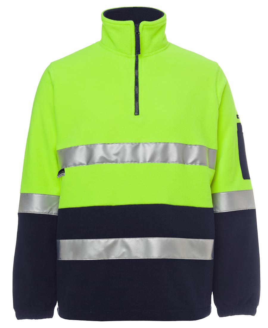 A bright yellow and navy polar fleece workwear jumper with reflective strips and a zip collar. Features a logo. JB's Hv (D+N) 1/2 Zip Polar - Image 1