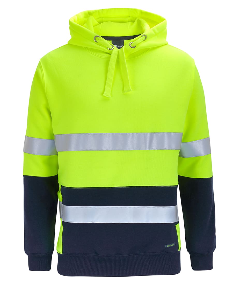 A high-visibility hoodie in bright yellow and navy, featuring reflective strips and a drawstring hood. JB's Hv D+N 330 G Pull Over Hoodie - Image 1
