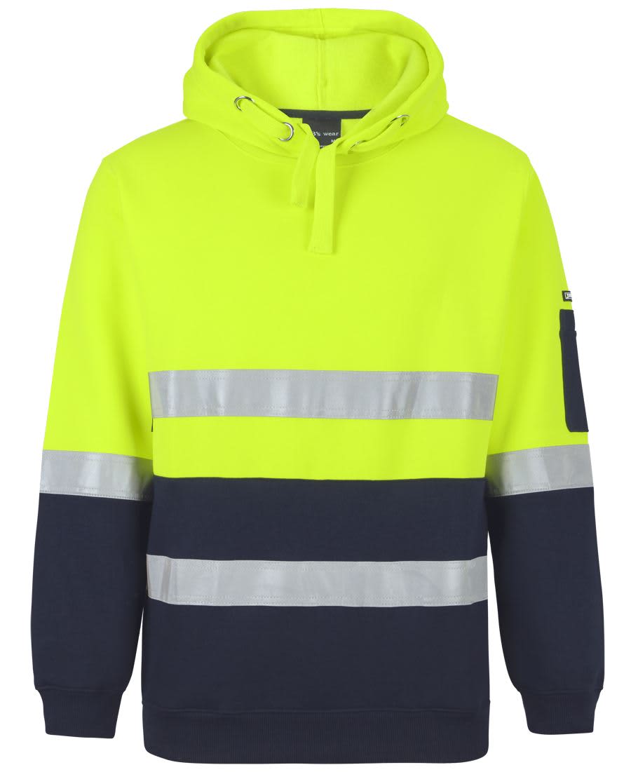 A high-visibility hoodie in bright yellow and navy, featuring reflective stripes and a logo. Suitable for workwear. JB's Hv (D+N) Pull Over Hoodie - Image 1