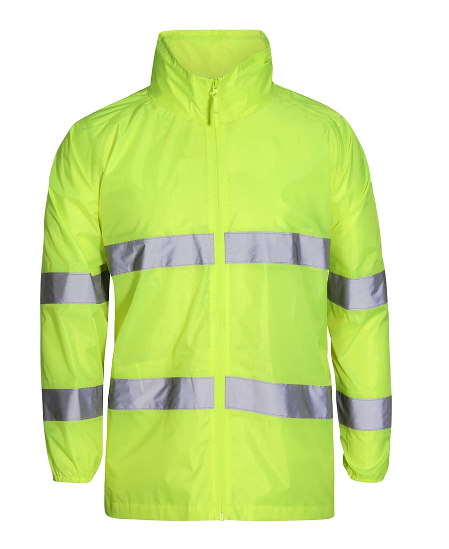 A high-visibility lime jacket with reflective stripes, designed for workwear. It features a zip front and a stand-up collar. JB's Hv (D+N) Biomotion Jacket - Image 1