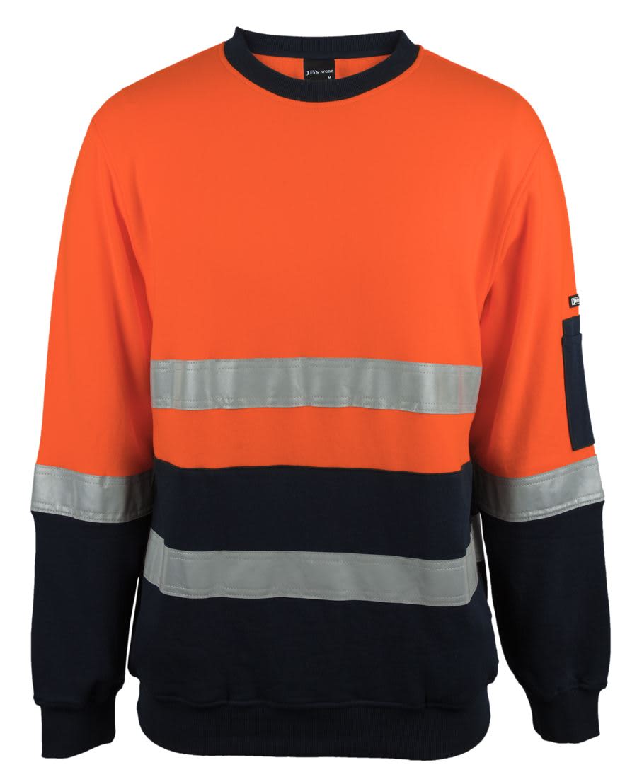 An orange and navy fleece crew neck jumper with reflective stripes and a logo on the sleeve. JB's Hv 310 (D+N) Cotton Crew Neck Fleece - Image 1