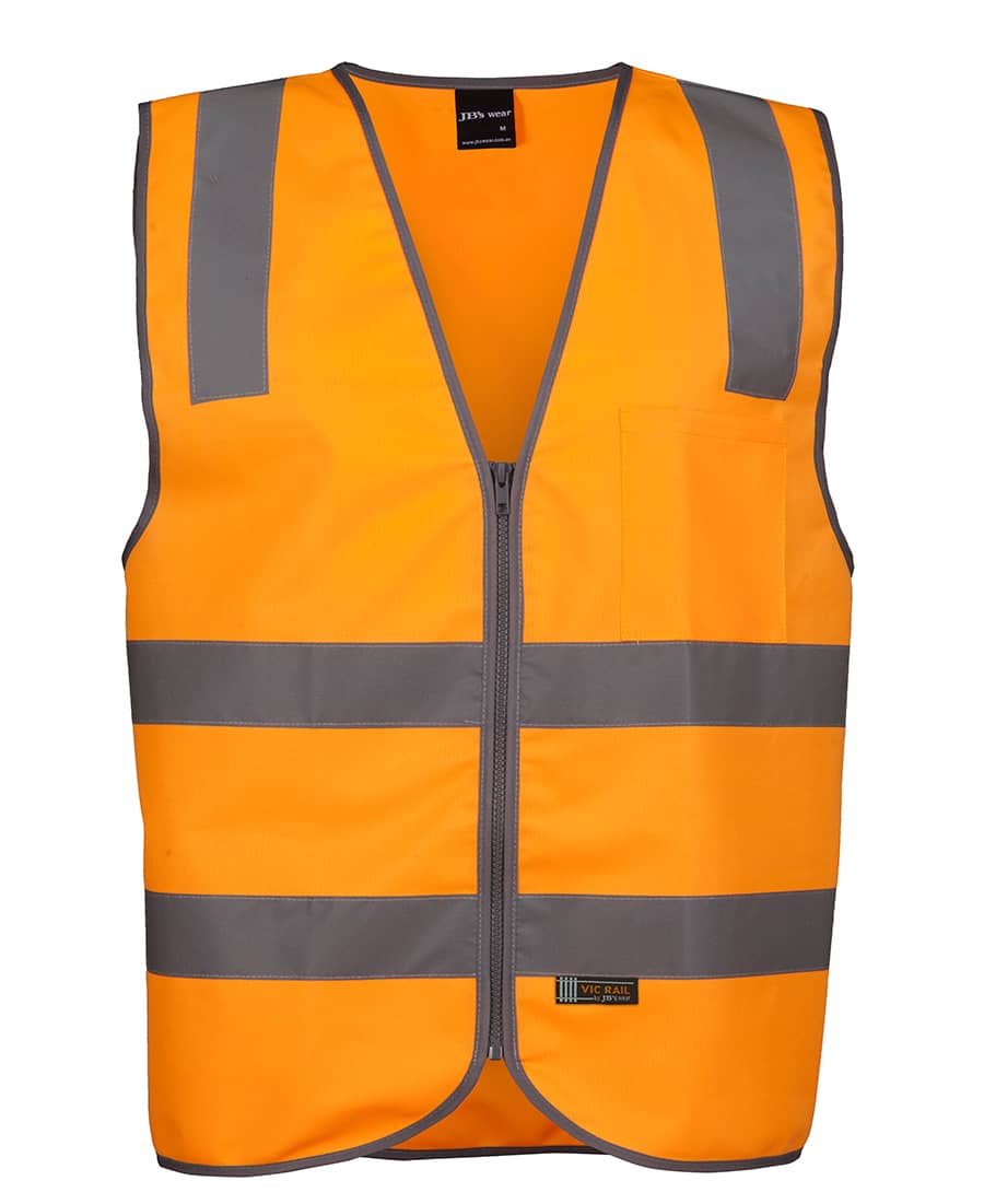 An orange safety vest featuring grey reflective stripes and a zip closure, with a front pocket and branding. JB's Vic Rail (D+N) Zip Safety Vest - Image 1