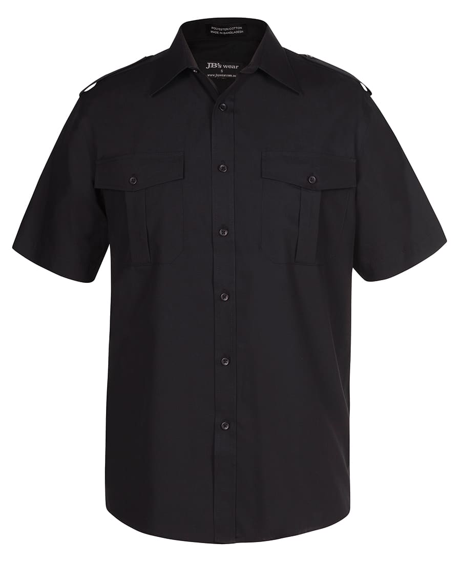 A short-sleeved black button-up shirt with two chest pockets and a logo on the collar. JB's - Image 1