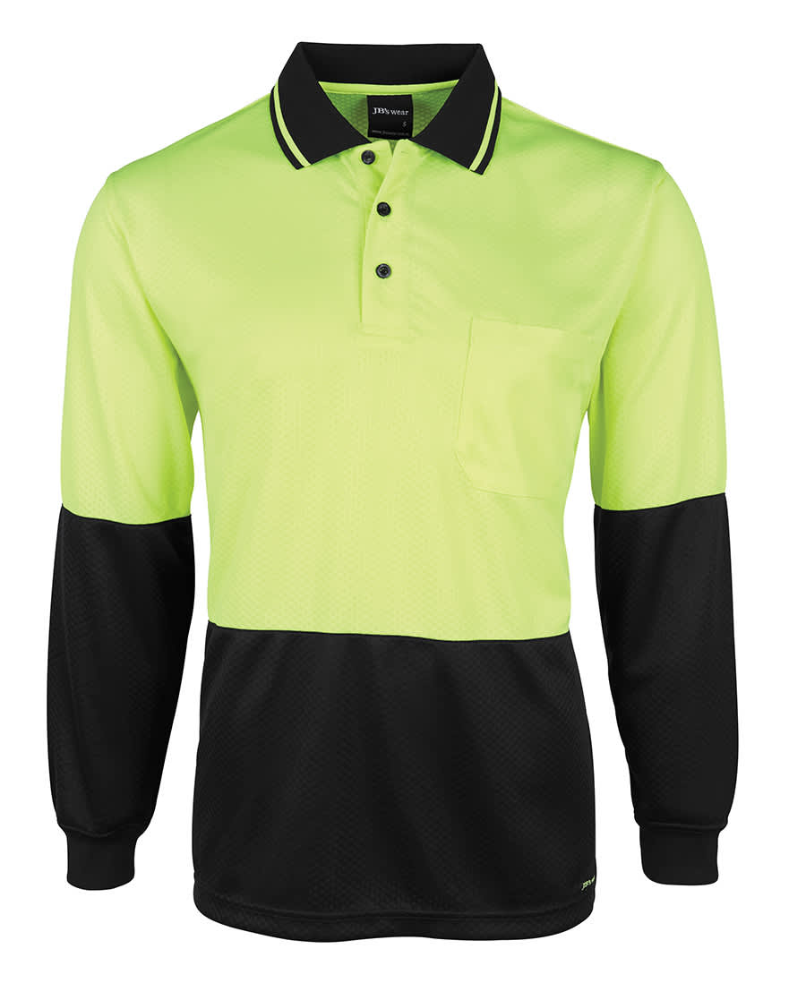 A long-sleeved polo shirt in high visibility lime green and black, featuring a pocket and a logo. JB's Hv 4602.1 L/S Jacquard Polo - Image 1