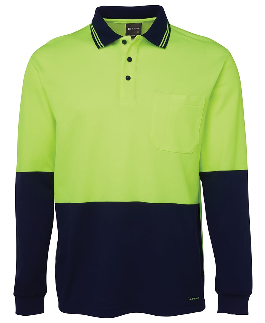 A long-sleeve polo shirt in high visibility lime green and navy blue, featuring a pocket and a logo. JB's Hv L/S Cotton Back Polo - Image 1