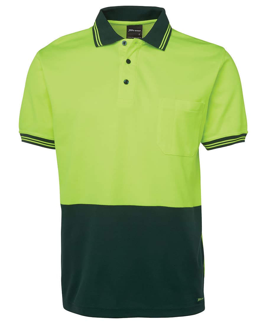 A high-visibility polo shirt featuring a bright yellow-green upper half and a dark green lower half, with a logo. JB's Hv S/S Cotton Back Polo - Image 1
