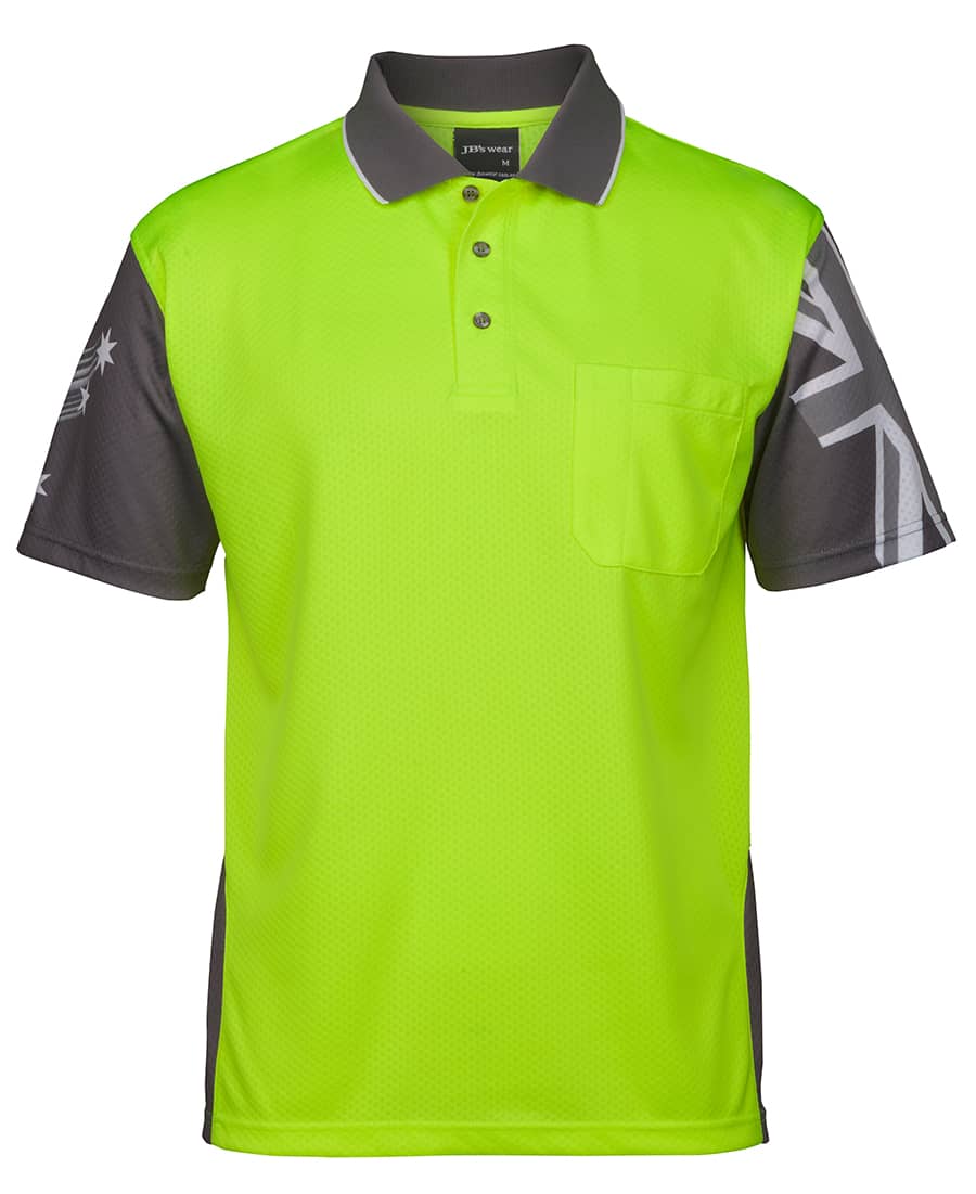 A bright yellow and grey work polo shirt with a pocket and a logo on the sleeve. JB's Hv Southern Cross Polo - Image 1