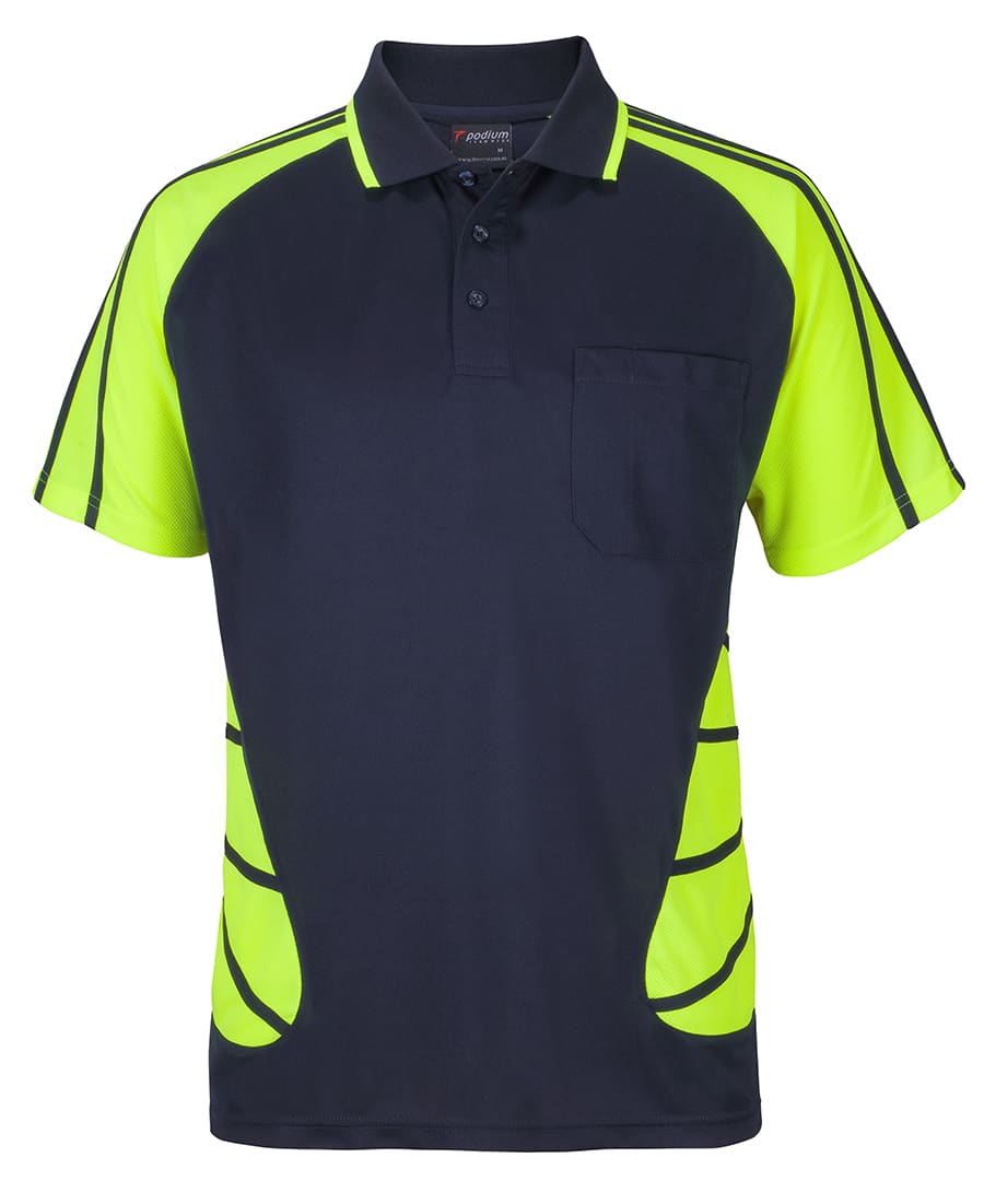 A navy blue and high-visibility lime green polo shirt with short sleeves and a pocket, featuring a logo. JB's Street Spider Polo - Image 1