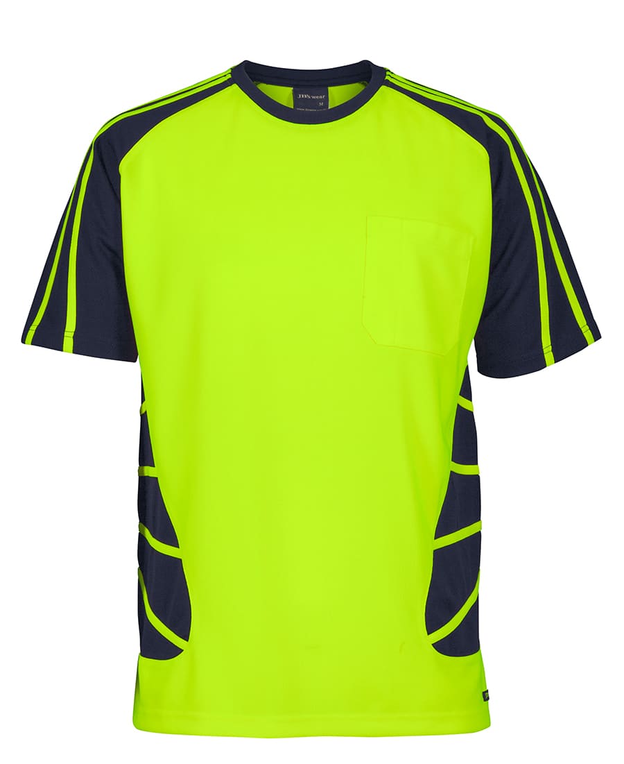 A bright lime green and navy T-shirt with a pocket, featuring contrasting design elements and a logo. JB's Hv Spider Tee - Image 1