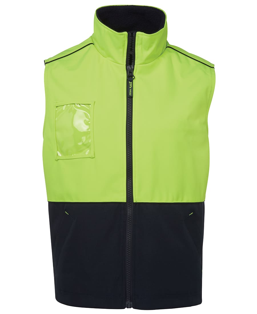 A high-visibility work vest in bright lime green and navy, featuring a zippered front and a small pocket. JB's Hv A.T. Vest - Image 1
