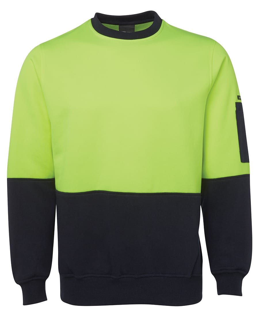 A high-vis fleece crew jumper in bright green and black, featuring a logo on the sleeve. JB's Hv Fleecy Crew - Image 1
