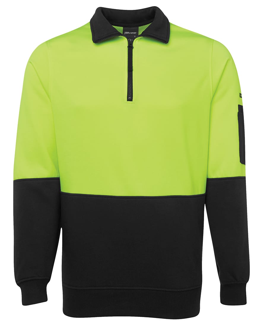 A fleece jumper in bright yellow-green with a black lower section and a zip collar, featuring a pocket on the sleeve. JB's Hv 1/2 Zip Fleecy - Image 1