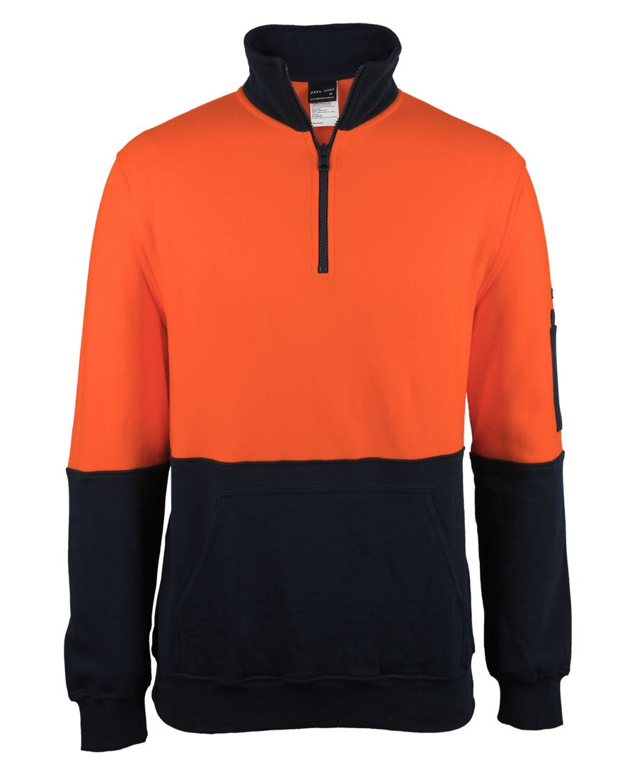 A work jumper featuring a half zip design in orange and navy, with a pocket on the sleeve and a logo. JB's Hv 310 Cotton 1/2 Zip Fleece - Image 1