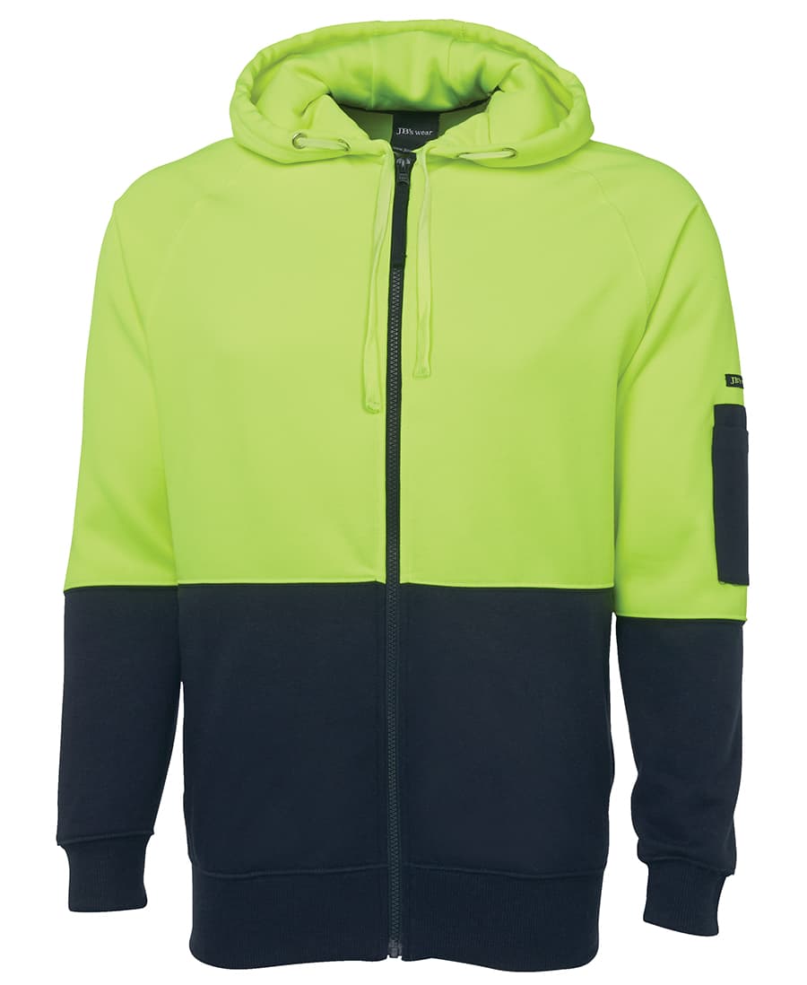 A high visibility fleece hoodie in bright lime green and navy, featuring a zip and a pocket on the sleeve, with branding. JB's Hv Full Zip Fleecy Hoodie - Image 1