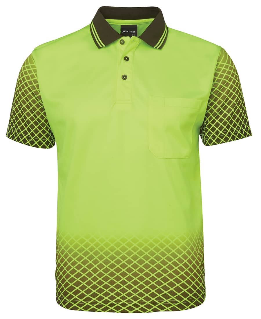 A bright green polo shirt featuring a diamond pattern, with short sleeves and a collar. Includes a pocket and a logo. JB's Hv 4602.1 Net Sub Polo - Image 1
