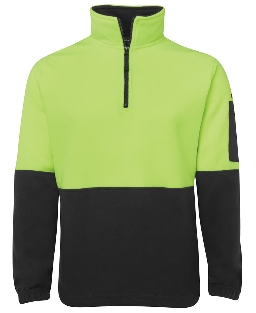 A polar fleece pullover featuring a high-visibility lime green upper and black lower section, with a zip collar and logo. JB's Hv 1/2 Zip Polar - Image 1