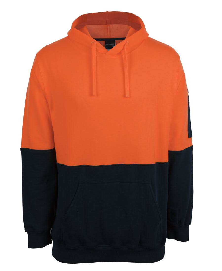 An orange and navy hoodie with a front pocket and a hood, featuring a sleeve pocket and logo. JB's Hv 310 Cotton Pull Over Fleece Hoodie - Image 1