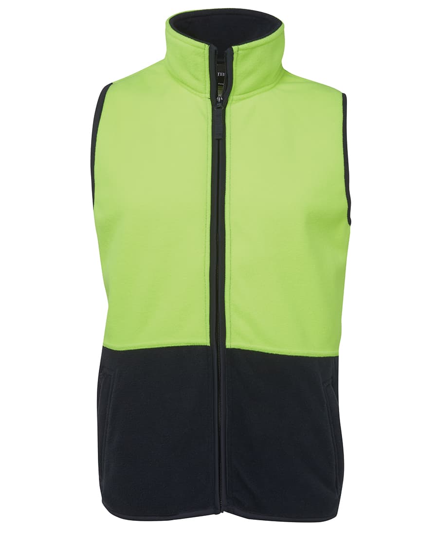 A bright lime green and black fleece vest featuring a high collar and zip panel. Includes logo branding. JB's Hv Polar Vest - Image 1