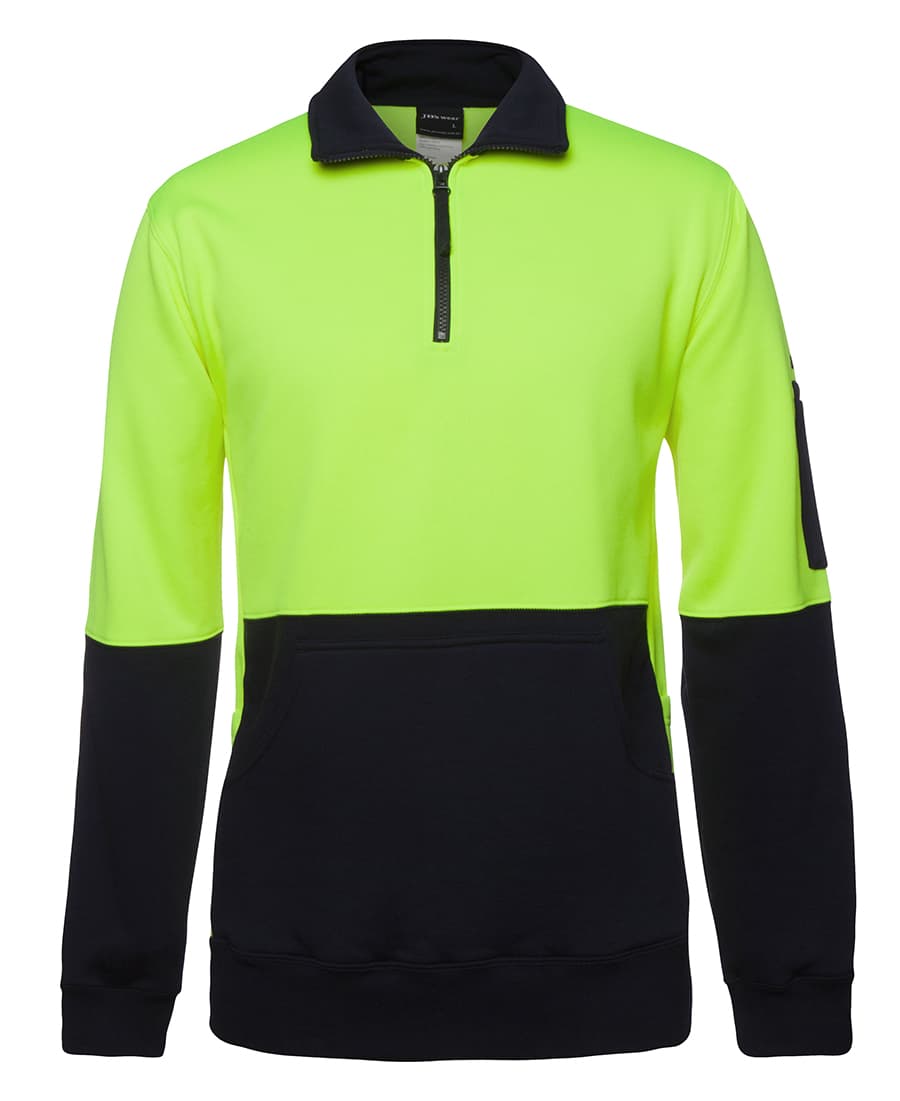 A fluorescent yellow and black fleece jumper featuring a half zip design and a pocket on the sleeve. JB's Hv 330 G 1/2 Zip Fleece - Image 1