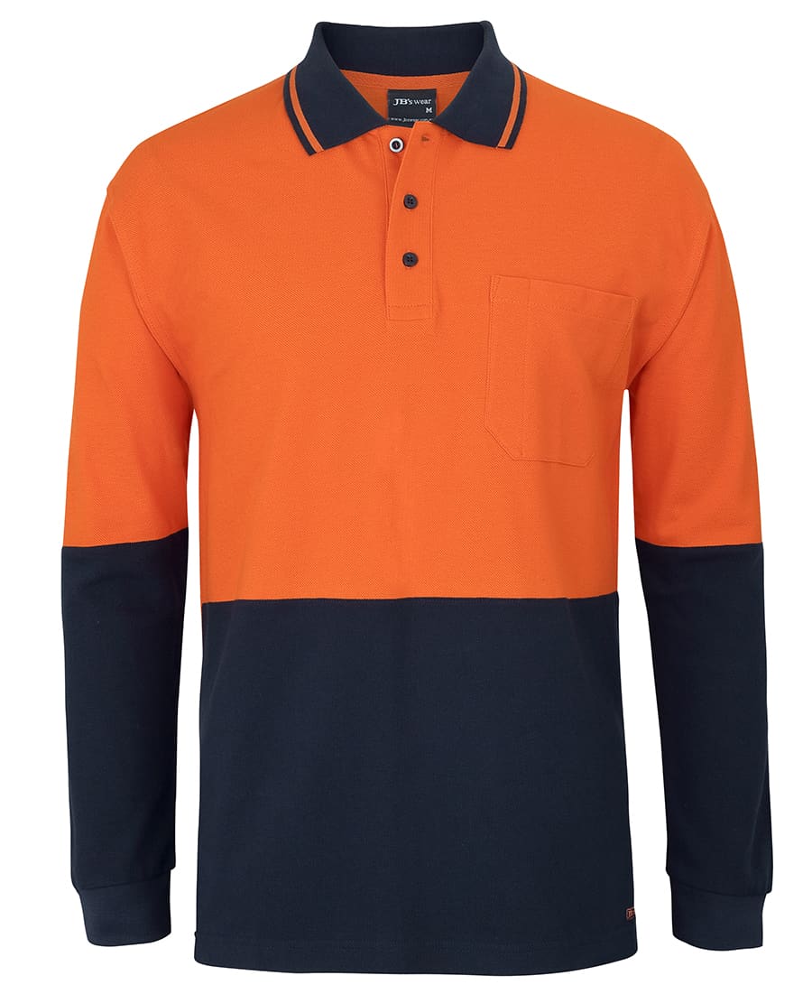 A long-sleeve polo shirt featuring orange and navy colours, with a pocket and a logo. JB's Hv L/S Cotton Pique Trad Polo - Image 1
