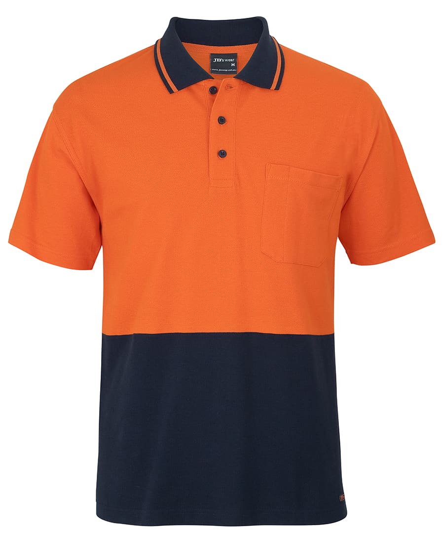 An orange and navy striped polo shirt with a collar and a chest pocket, featuring a logo. JB's Hv S/S Cotton Pique Trad Polo - Image 1